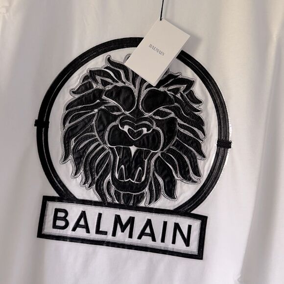 ⭕️ BALMAIN Men’s T Shirt White Black Lion Logo Designer Large - Picture 1 of 7